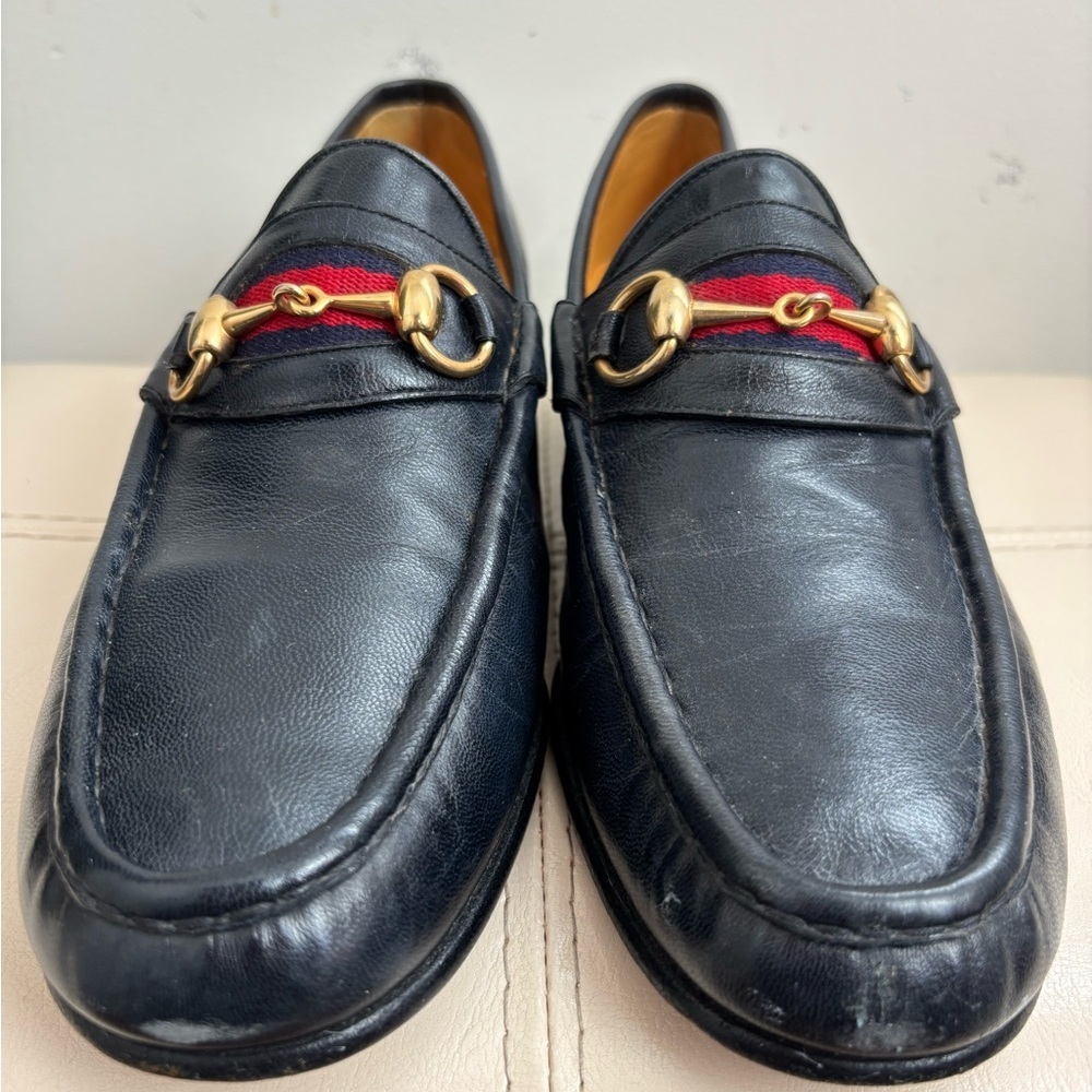 Vintage Gucci Gold Horse-bit Navy Blue Leather Loafers With Red Stripes Size 42S - Picture 8 of 13